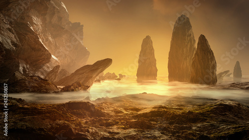 Fotografia, Obraz Fantasy landscape with fog, water and stone.