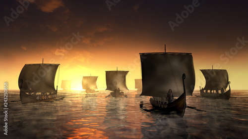 Vikings ships on the misty water. photo