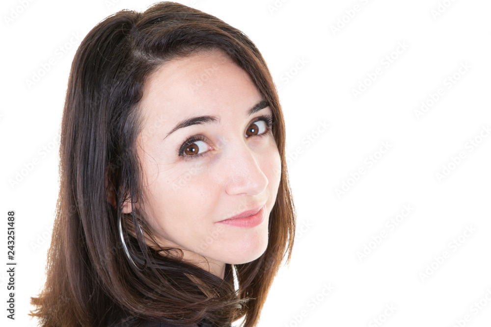 closeup portrait cheerful young businesswoman brunette with side copy space closeup portrait cheerful young businesswoman brunette with side copy space
