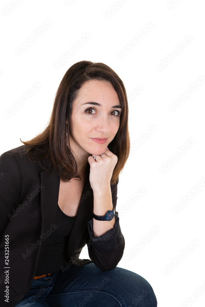 Entrepreneur woman with hand under chin relaxing and looking in white background Entrepreneur woman with hand under chin relaxing and looking in white background