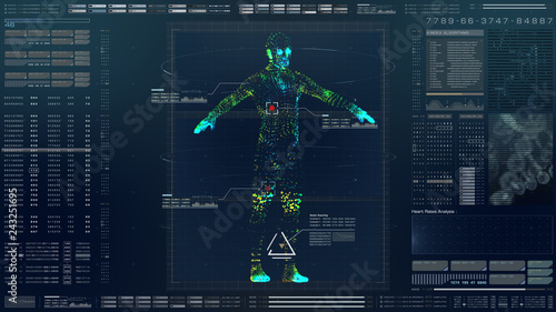 Futuristic motion element user interface information technology virtual biomedical holographic human body scan diagnostic with data and telemetry head up display for background computer desktop screen