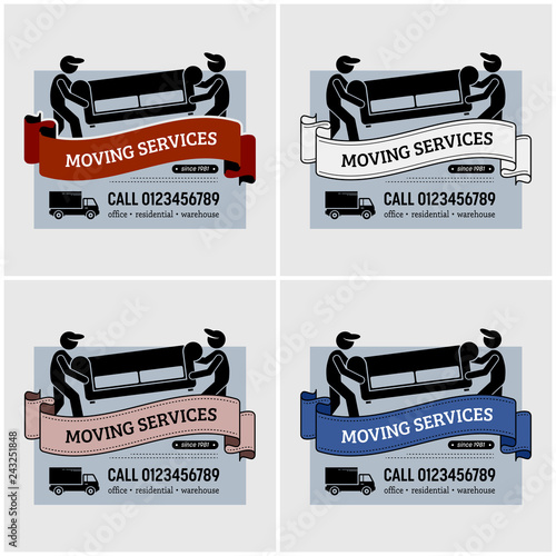 Moving services company logo design. Vector artwork of mover workers carrying a sofa or couch for relocation. Using lorry or truck as the mode of transportation.