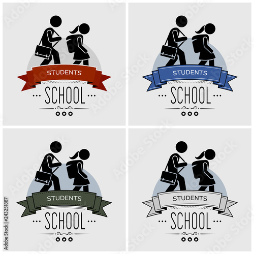 Back to school logo design. Vector artwork of small children walking with schoolbag. Students going back to study at school.