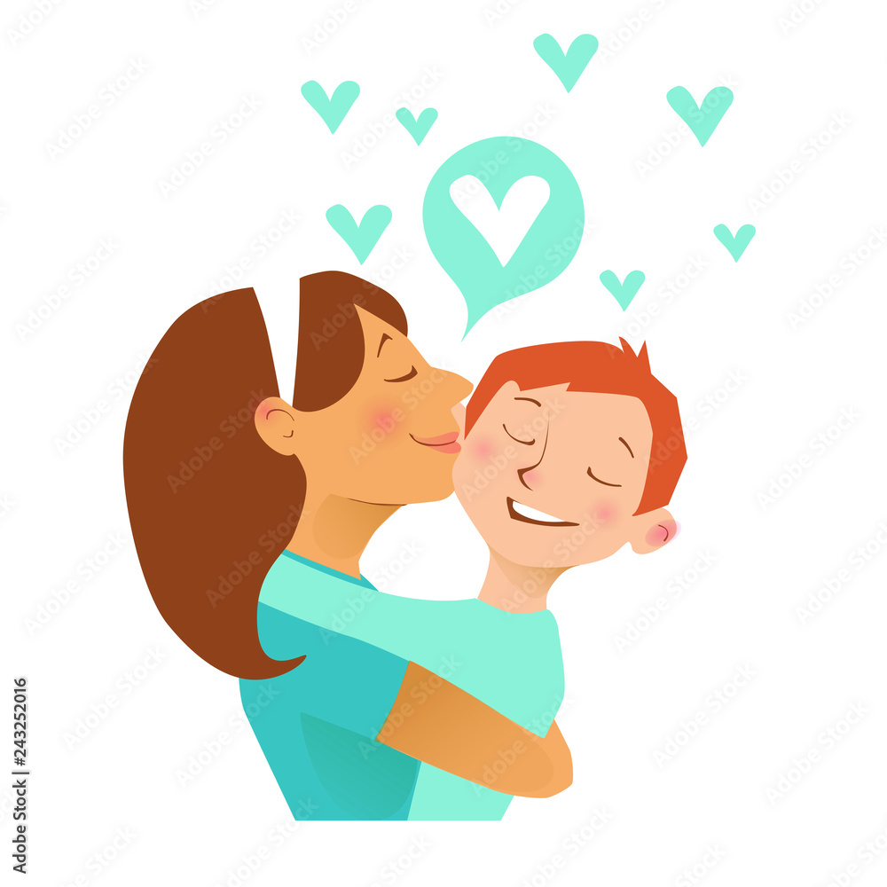 Plakat Mom kissing her child. Flat vector illustration.