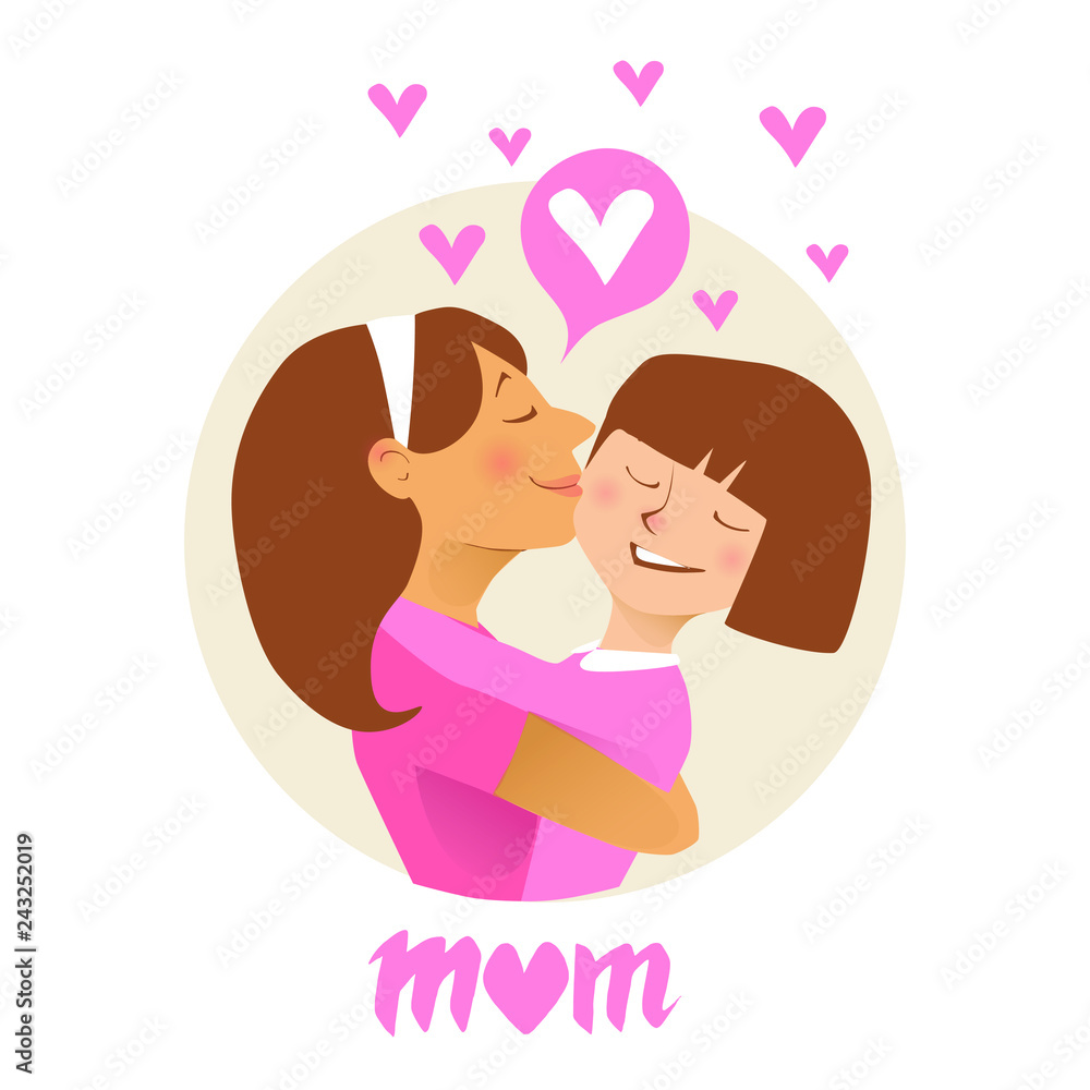 Mom kissing her child. Flat vector illustration. Mom kissing her child. Flat vector illustration.