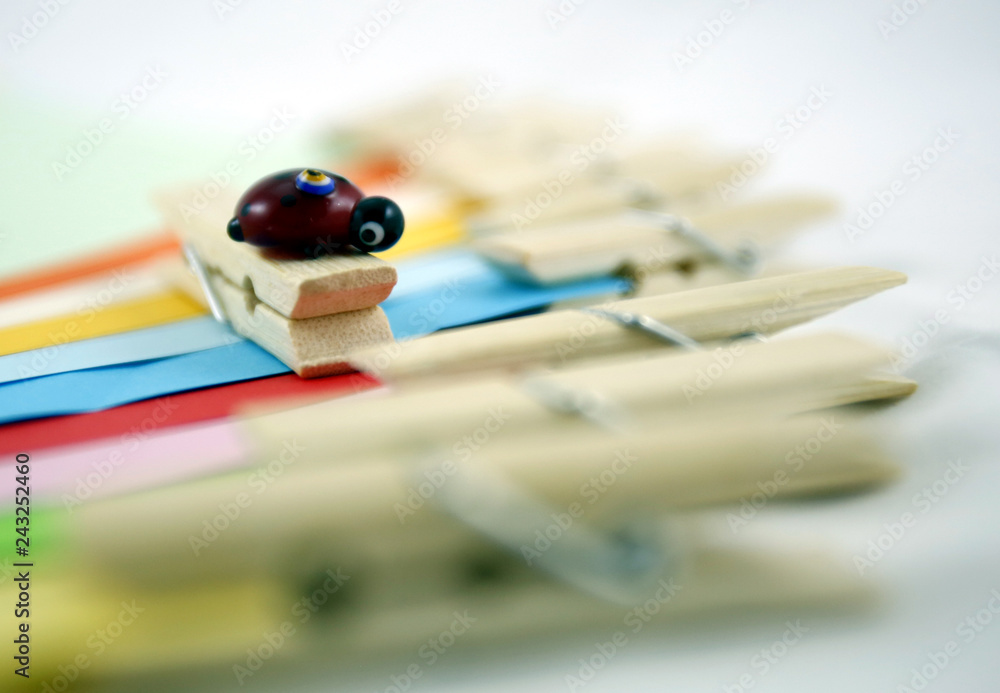 Wood latches and colourful paper and ladybug. Wood latches and colourful paper and ladybug.