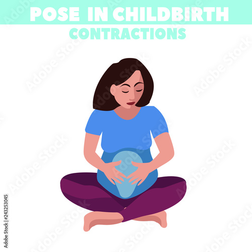 Pose in childbirth. Birth pains. Relief of labor pains. Vector illustration.