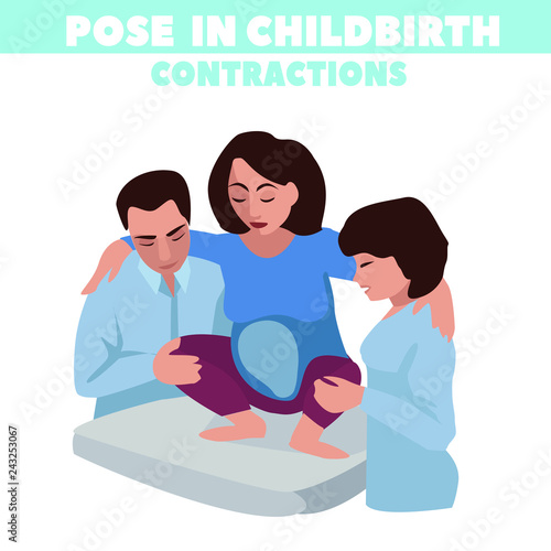 Pose in childbirth. Birth pains. Relief of labor pains. Vector illustration.