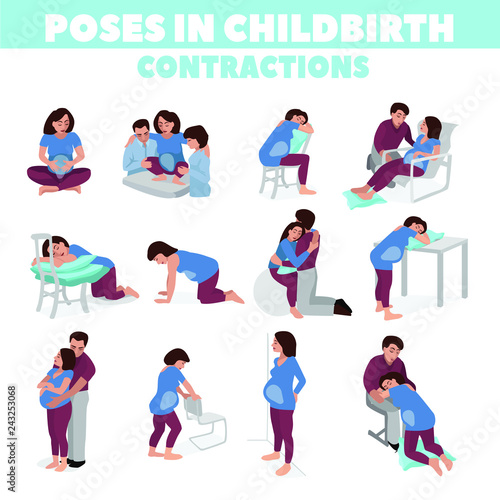 Poses in childbirth. Birth pains. Relief of labor pains. Vector illustration.