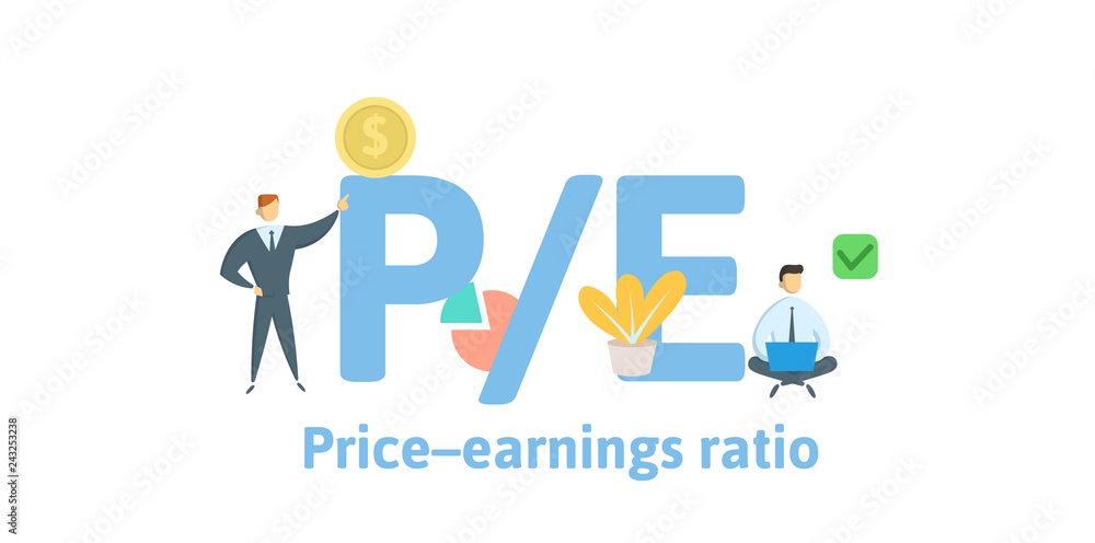 PE, Price to Earnings ratio. Concept with keywords, letters and icons. Colored flat vector illustration. Isolated on white background. PE, Price to Earnings ratio. Concept with keywords, letters and icons. Colored flat vector illustration. Isolated on white background.