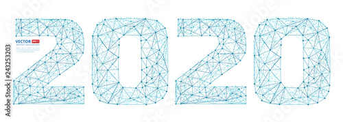 Abstract polygonal numbers for New Year 2020 with texture of starry sky or space universe Vector illustration of wireframe numbers consisting of polygons points and lines isolated on white