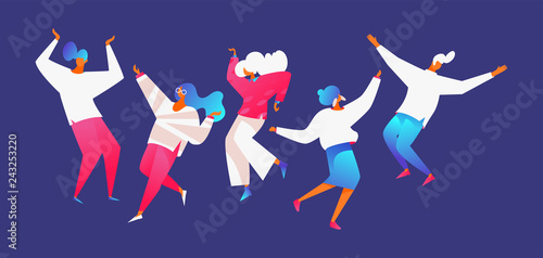 Flat modern group of people dancing. Men and women in dynamic poses on blue background. Vivid pink gradients and white clothes, flying hair, hands up photo