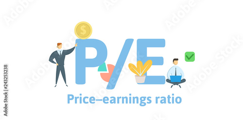 PE, Price to Earnings ratio. Concept with keywords, letters and icons. Colored flat vector illustration. Isolated on white background.