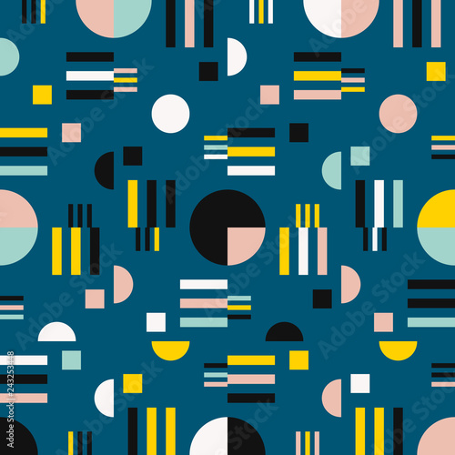 Geometric vector seamless pattern in retro style . Modern  background with circles  lines and other simple shapes.