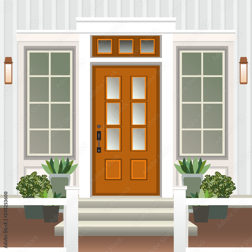 House door front with doorstep and steps porch, window, lamp, flowers in  pot, building entry facade, exterior entrance design illustration vector  flat style Stock Vector