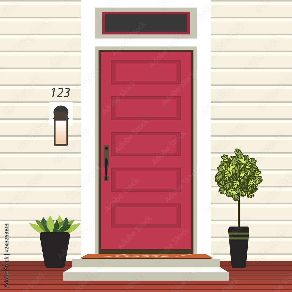 Naklejka premium House door front with doorstep and mat, steps, window, lamp, flowers in pot, building entry facade, exterior entrance design illustration vector in flat style