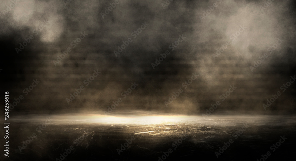 Background of an empty dark room. Empty walls, neon light, smoke, glow Background of an empty dark room. Empty walls, neon light, smoke, glow