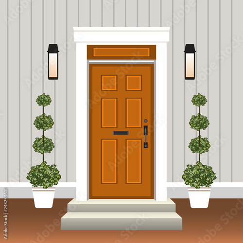 House door front with doorstep and steps, window, lamp, flowers in pot, building entry facade, exterior entrance design illustration vector in flat style
