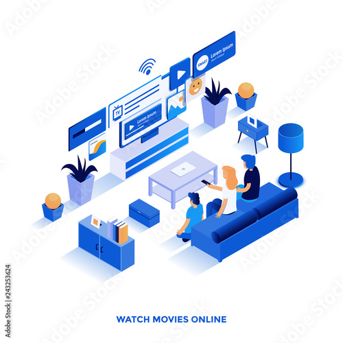 Flat color Modern Isometric Illustration design - Watch Movies Online