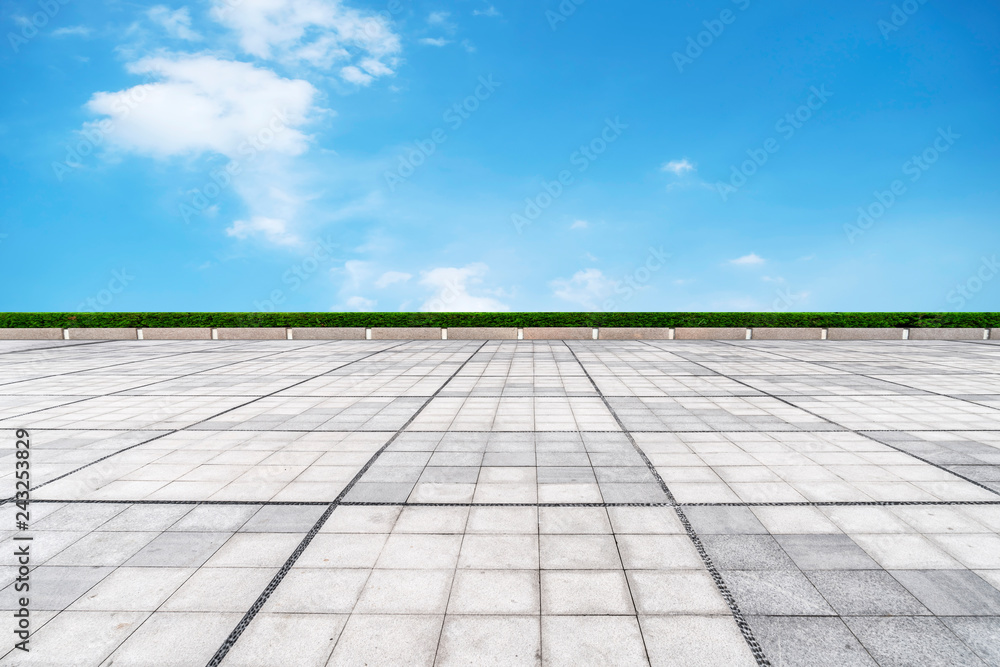 Empty Plaza Floor Bricks and Beautiful Natural Landscape