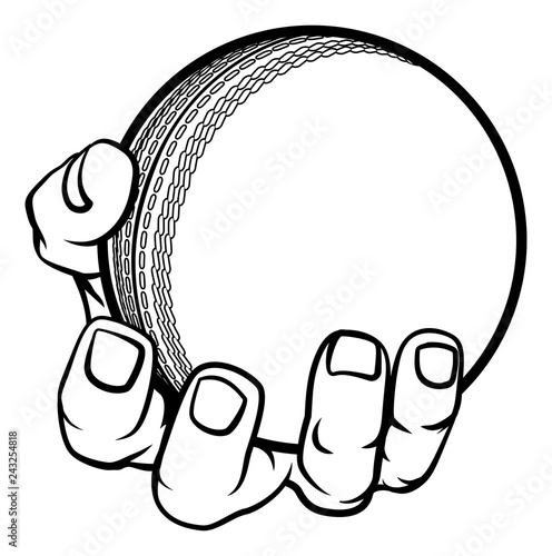 A strong hand holding a cricket ball. Sports graphic