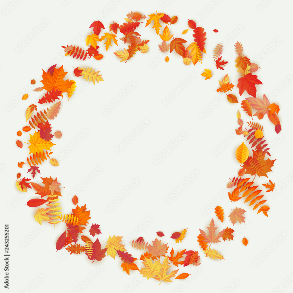 Wreath made of autumn flowers and leaves on light background. Autumn composition. EPS 10