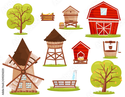 Flat vector set of farm icons. Buildings, constructions and fruit trees. Elements for mobile game or children book