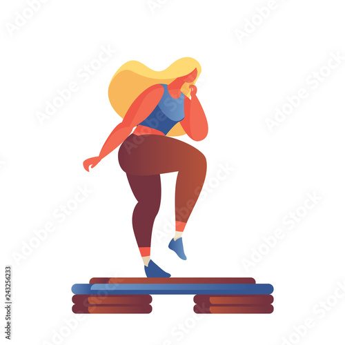 Step aerobics girl in flat modern style drawn with gradients and vivid colors, isolated on white. Active lifestyle illustration good for aerobic studio or gym.