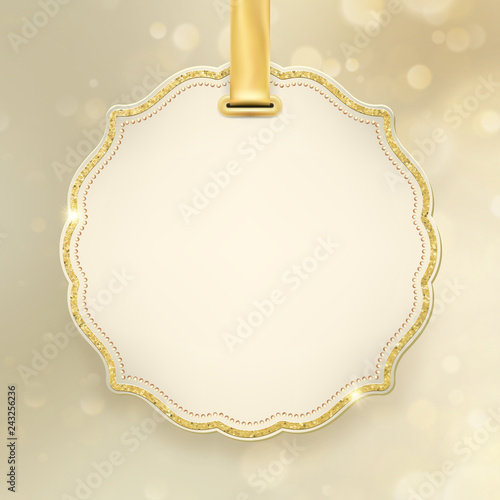 Christmas holiday glowing abstract glitter defocused blurred bokeh gold background with label and space for text. EPS 10
