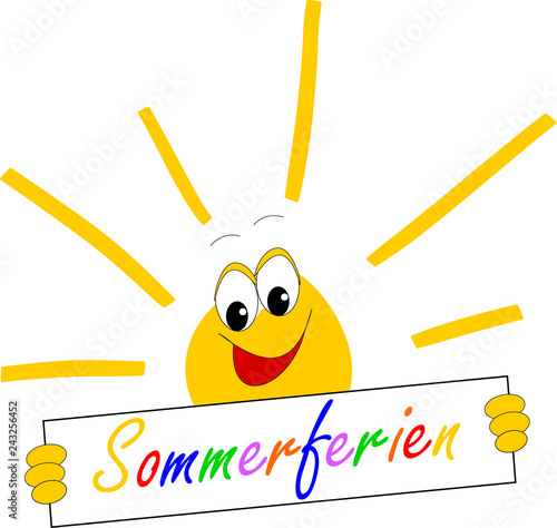 Lustige Sonne hält Schild "Sommerferien" in den Händen