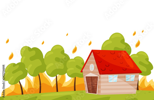 Wildfire near living house. Green trees in hot fire. Burning forest. Natural disaster. Flat vector design