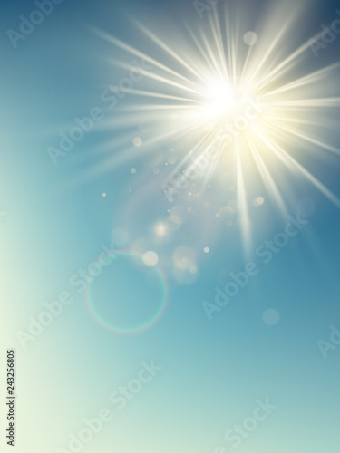 Summer template warm spring sun rays burst with lens flare. EPS 10