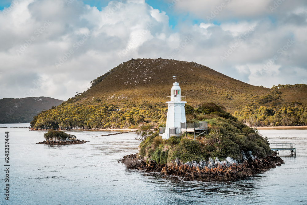 Lighthouse on Bonnet Island, Hells Gate, Macquarie Harbour in Western Tasmania, Australia