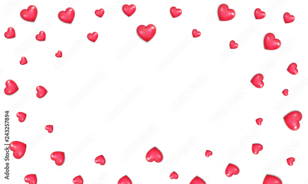 Valentines Day. Border of realistic glossy red hearts. Valentine's background.