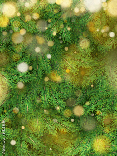 Christmas tree background decorations with blurred  sparking  glowing light. Happy New Year template. EPS 10