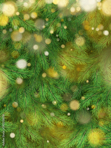 Christmas tree background decorations with blurred, sparking, glowing light. Happy New Year template. EPS 10