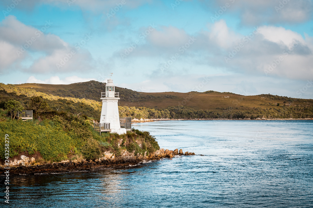 Lighthouse on Bonnet Island, Hells Gate, Macquarie Harbour in Western Tasmania, Australia