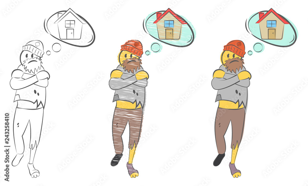 Homeless man with torn clothes dreams about home. Problems of homeless person concept. Tramp seeks refuge. Unemployment guy. Man freezing. Suffers from cold. Hand drawn doodle vector illustration. Homeless man with torn clothes dreams about home. Problems of homeless person concept. Tramp seeks refuge. Unemployment guy. Man freezing. Suffers from cold. Hand drawn doodle vector illustration.