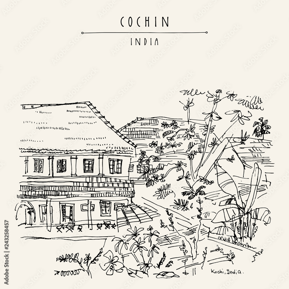 Cochin (Kochi), Kerala, India. Heritage colonial buildings and a tropical garden