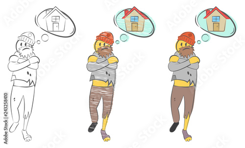 Homeless man with torn clothes dreams about home. Problems of homeless person concept. Tramp seeks refuge. Unemployment guy. Man freezing. Suffers from cold. Hand drawn doodle vector illustration. 