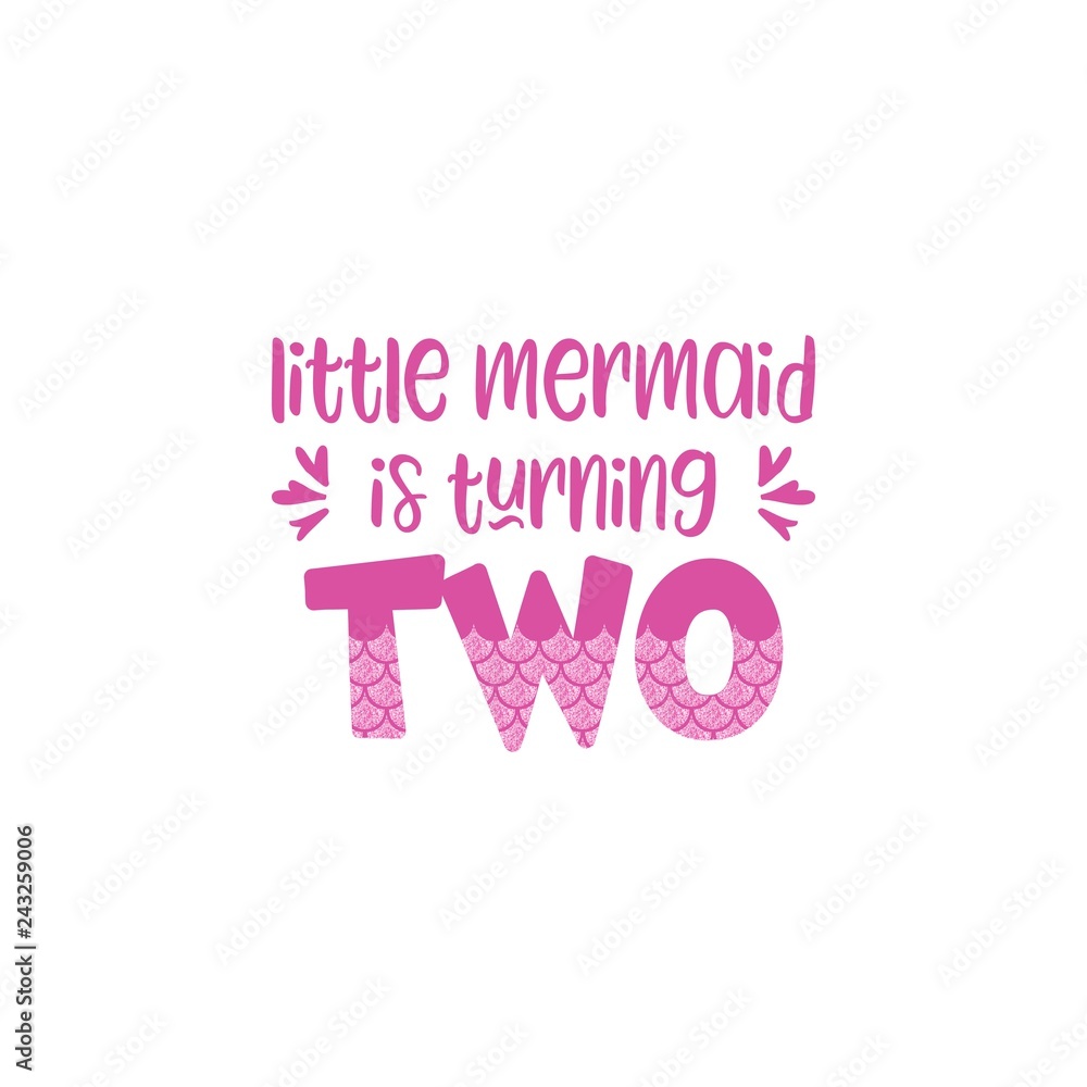 Second birthday for little girl with mermaid scales vector illustration.Cute word Two with mermaid scales