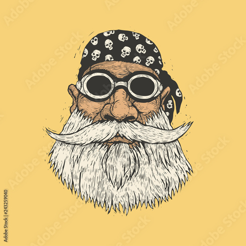 Bearded Biker In Motorcycle Sunglasses And Bandana. Hand Drawn Cartoon Character. Engraving Style. Vector Illustration