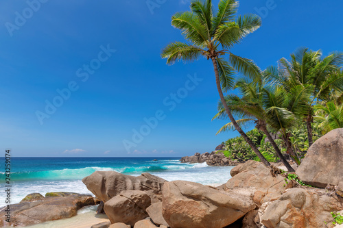 Fototapeta Naklejka Na Ścianę i Meble -  Beautiful beach with palm trees and rocks in Seychelles paradise island.