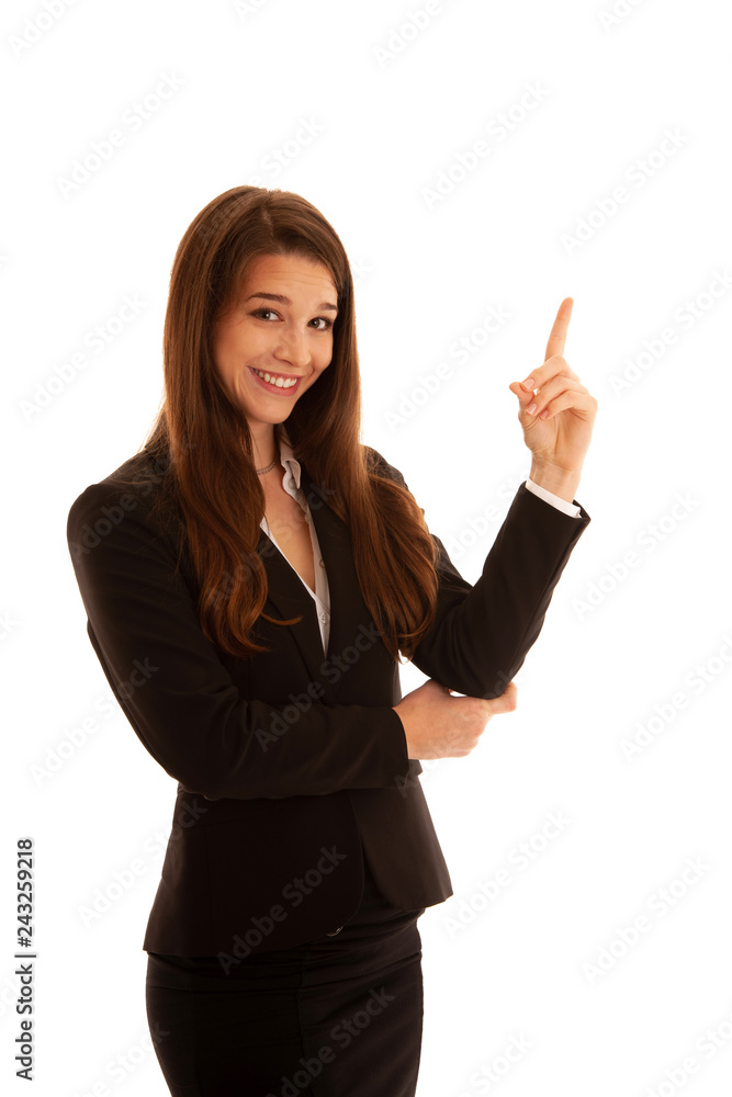 Beautiful business woman point in copy space isolated over white Beautiful business woman point in copy space isolated over white