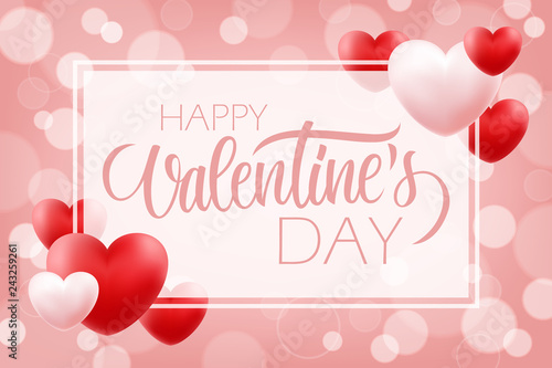 Valentines Day romantic background with hand lettering Happy Valentine's Day and red, pink hearts. 14 february holiday greetings. Vector Illustration. 