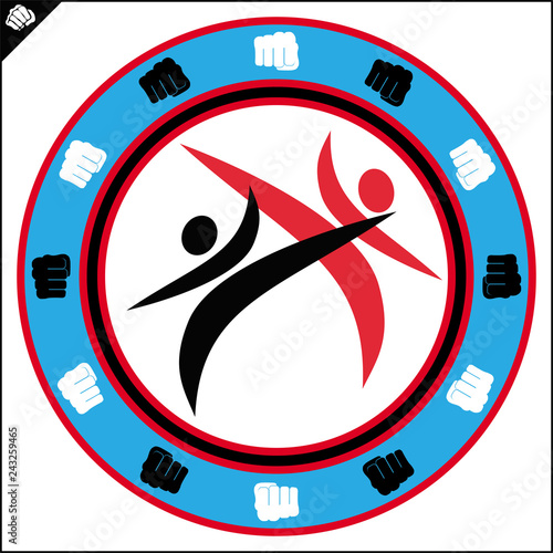 Karate high kick emblem. Martial art colored simbol design. Vector, EPS.