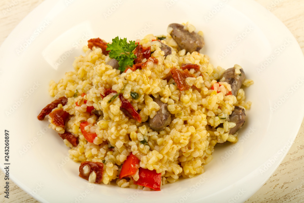 Bulgur with chicken hearts