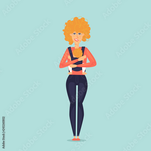 Woman carries a baby in a sling. Flat design vector illustration