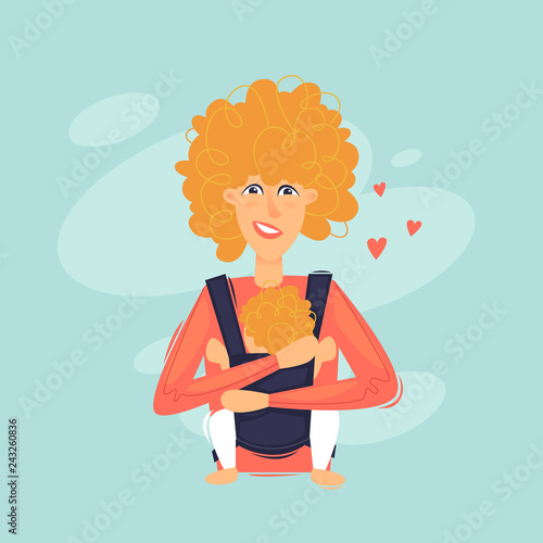 Woman carries a baby in a sling. Flat design vector illustration