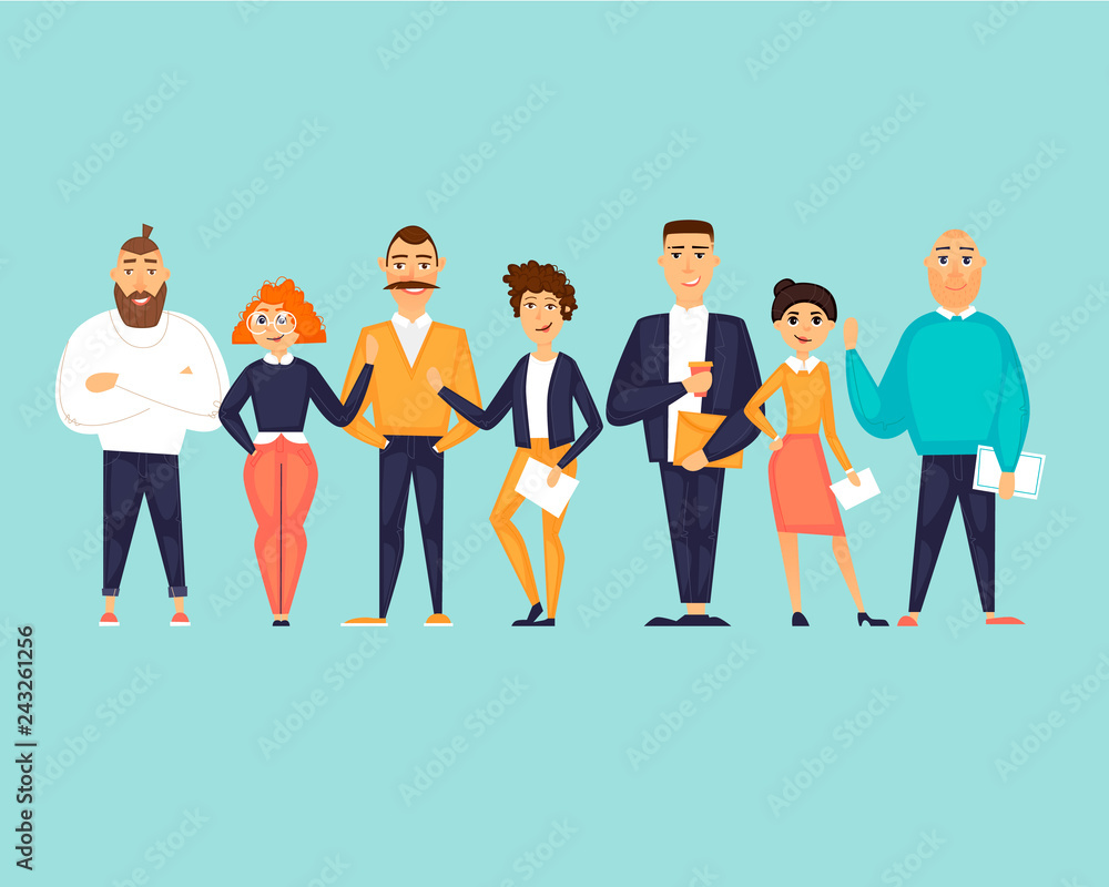 Business characters, team, about us. Flat design vector illustration